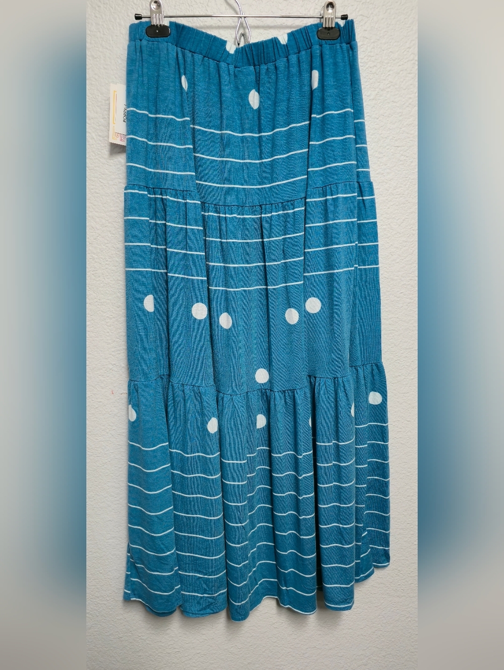 Lularoe Poppy Teal Polka Dot & Stripe Tiered Maxi Skirt - Women